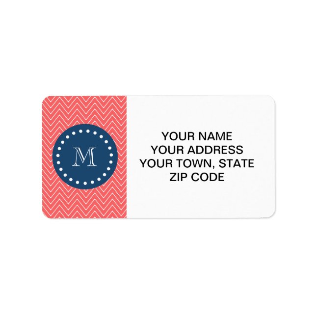 Tunga Blue, Coral Chevron Mönster | Ditt monogram Adressetikett (Framsidan)