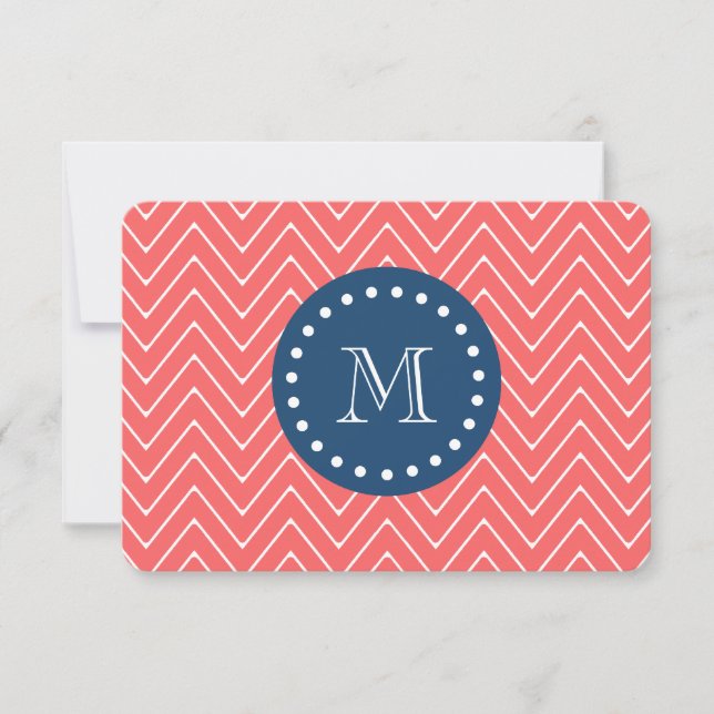 Tunga Blue, Coral Chevron Mönster | Ditt monogram Anteckningskort (Framsida)