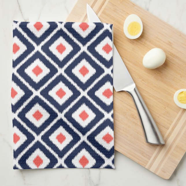 Tunga Blue, Coral, White Ikat Diamond Mönster Kökshandduk (Vikt i Fjärdedel)