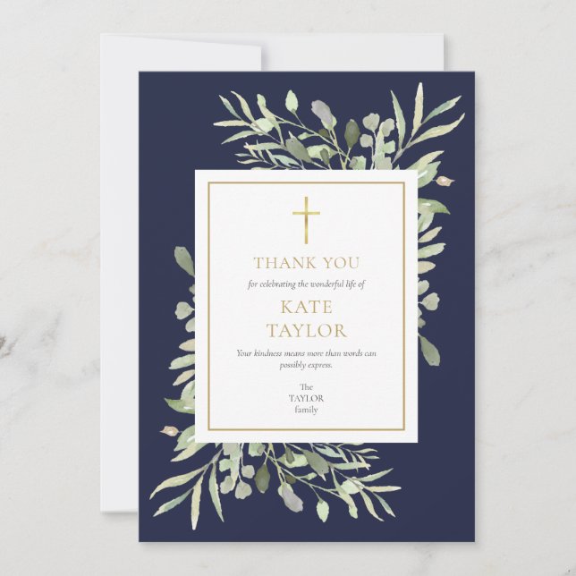 Tunga Blue Greenery Christian Funeral Memorial Tack Kort (Framsida)