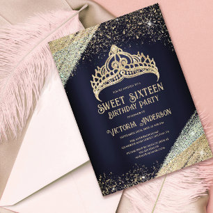 Tunga Blue Guld Glitter Princess Tiara Sweet 16 In Inbjudningar