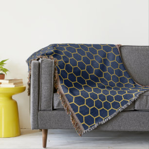 Tunga Blue & Guld Hexagon Geometric Mönster Filt