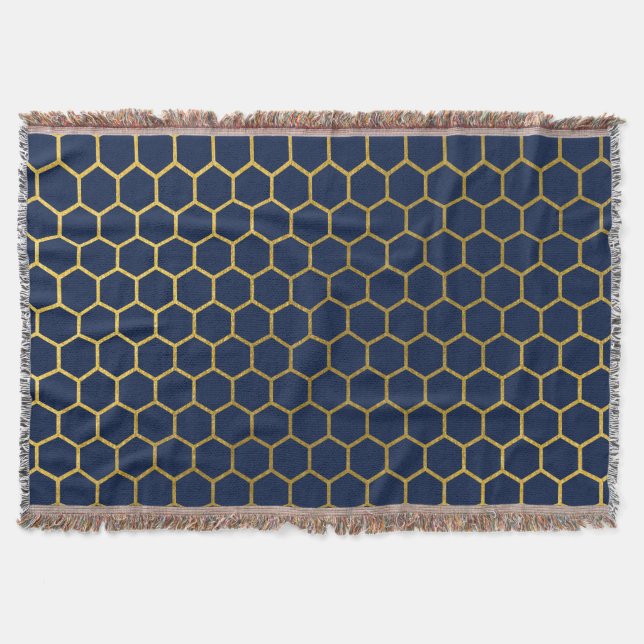 Tunga Blue & Guld Hexagon Geometric Mönster Filt (Framsidan)