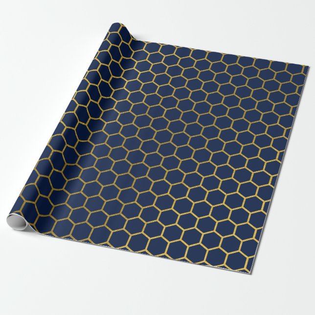Tunga Blue & Guld Hexagon Geometric Mönster Presentpapper (Utrullad)