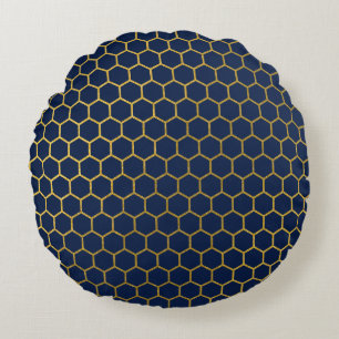 Tunga Blue & Guld Hexagon Geometric Mönster Rund Kudde