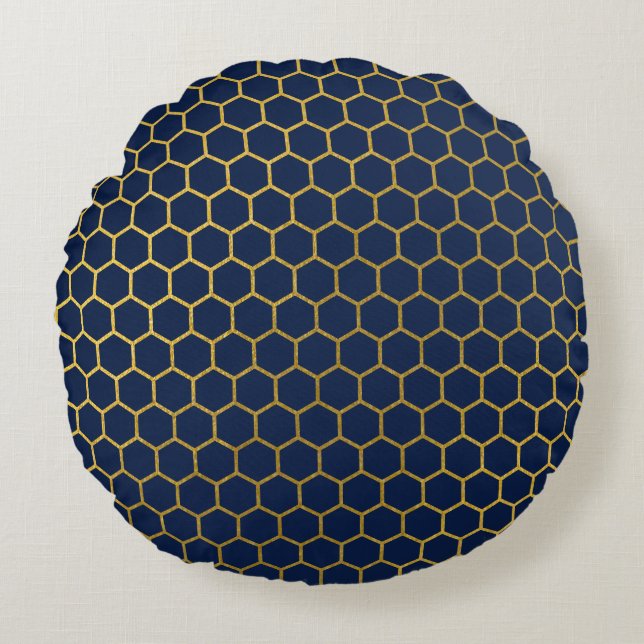 Tunga Blue & Guld Hexagon Geometric Mönster Rund Kudde (Framsidan)