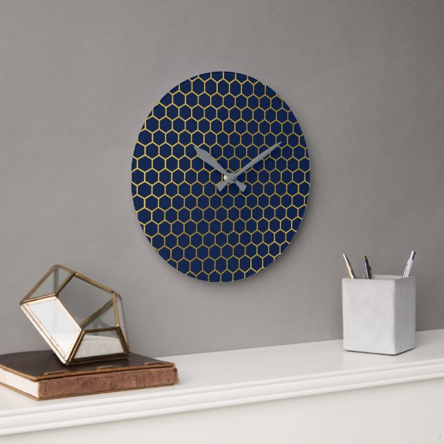 Tunga Blue & Guld Hexagon Geometric Mönster Stor Klocka (Kontor)