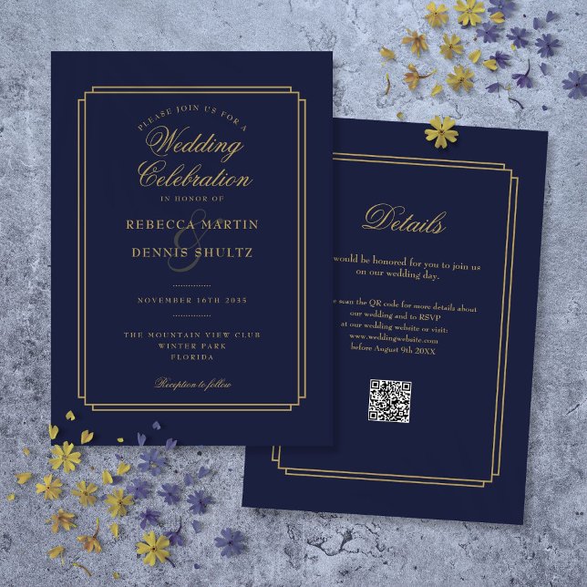 Tunga Blue och Guld QR-kod Art Deco Bröllop Inbjudningar (Navy Blue and Gold Script QR Code Art Deco Wedding Invitation)