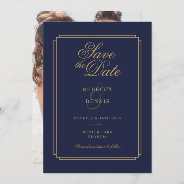 Tunga Blue- och Guld-skript Art Deco Photo Bröllop Spara Datumet (Fram/baksida)