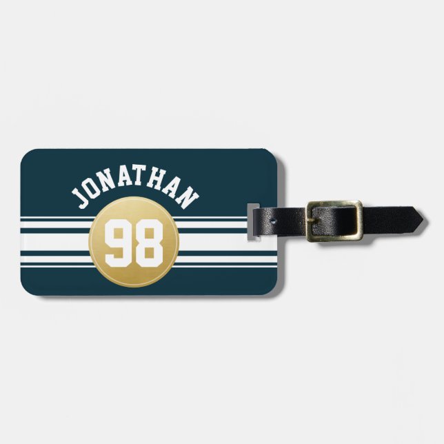 Tunga Blue och Guld Sports Jersey Rand Namn Bagagebricka (Horisontell Framsida)