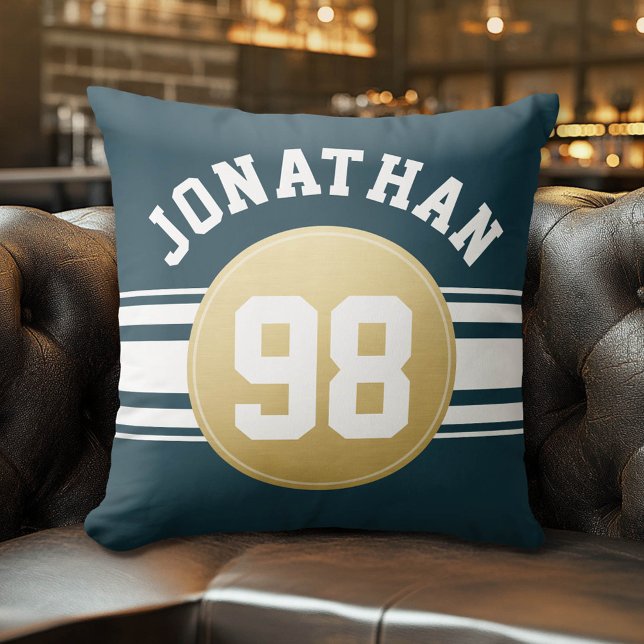 Tunga Blue och Guld Sports Jersey Rand Namn Kudde (Custom Pillow)