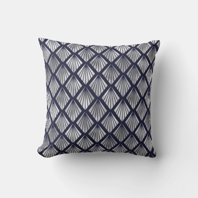 Tunga Blue och Silver Art Deco Diamond Mönster Kudde (Framsida)