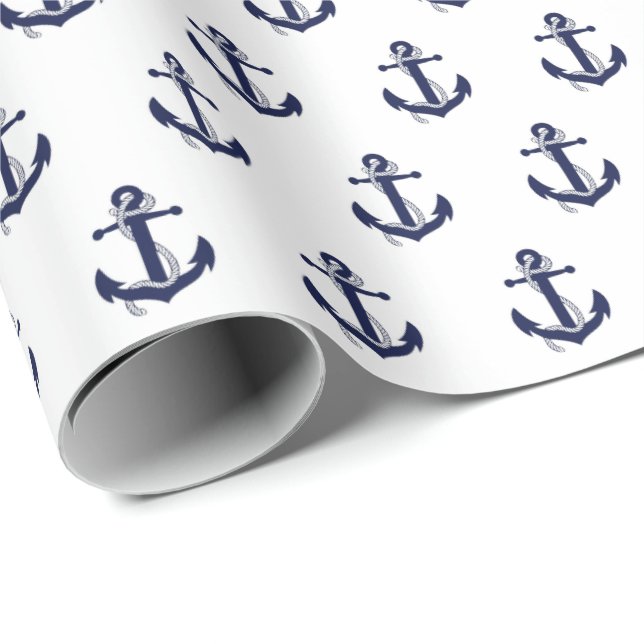 Tunga Blue och White Anchor Nautical bröllop Presentpapper (Rullad Hörn)