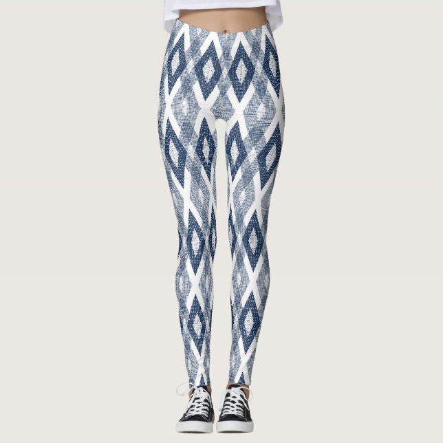 Tunga Blue och White Grunge Harlequin Mönster Leggings (Framsida)