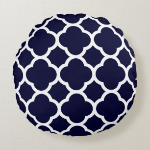 Tunga Blue och White Quatrefoil Mönster Rund Kudde