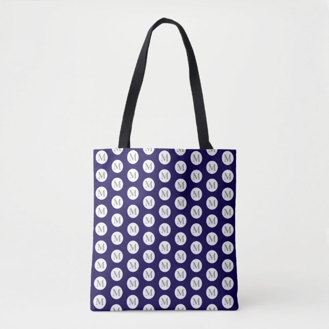 Tunga Blue Polka Dot Monogram Tote Tygkasse (Framsida)