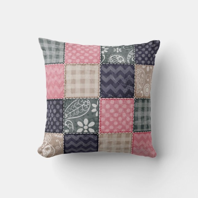 Tunga Blue, Rosa, Tan och Grått Cute Quilt utseend Kudde (Framsida)