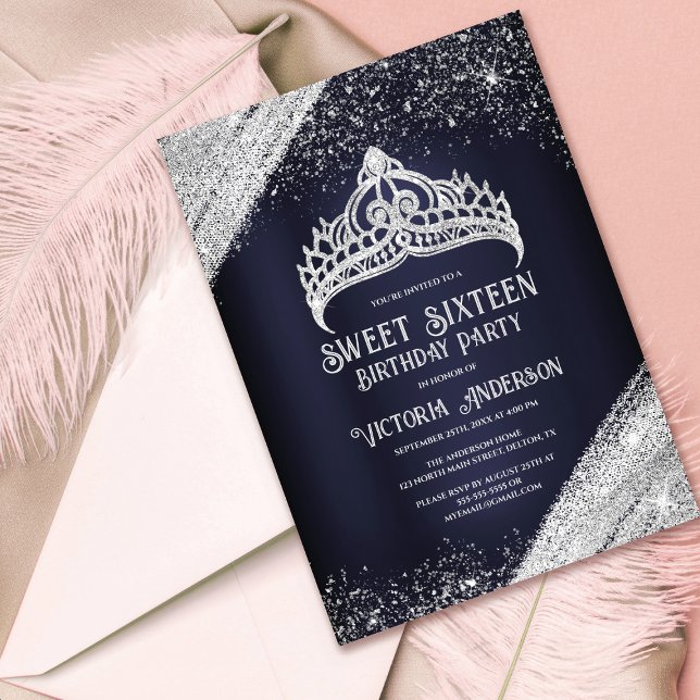 Tunga Blue Silver Glitter Princess Tiara Sweet 16  Inbjudningar (Skapare uppladdad)