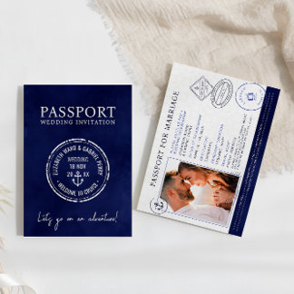 Tunga Blue Travel Passport Destinationsbröllop Inbjudningar