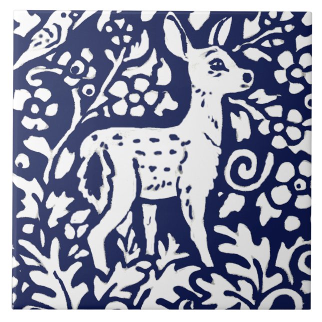 Tunga Blue White Hjort Fawn Woodland Animal Trivet Kakelplatta (Framsidan)