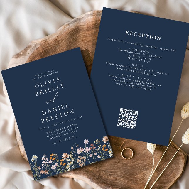 Tunga Blue Wildblomma QR Code Garden Wedding Inbjudningar (Skapare uppladdad)