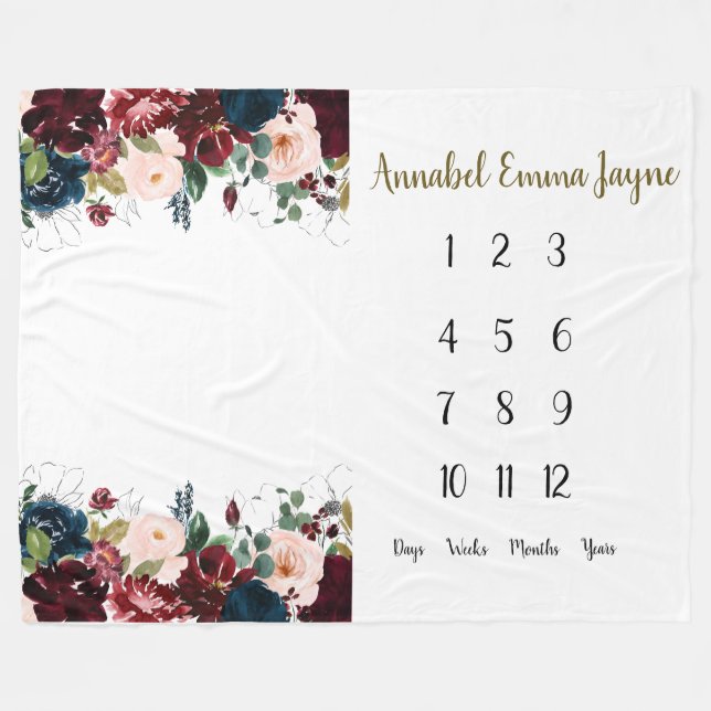 Tunga, burgundisk blommigt Baby 1:a milstolpe Fleecefilt (Framsidan (Horisontell))