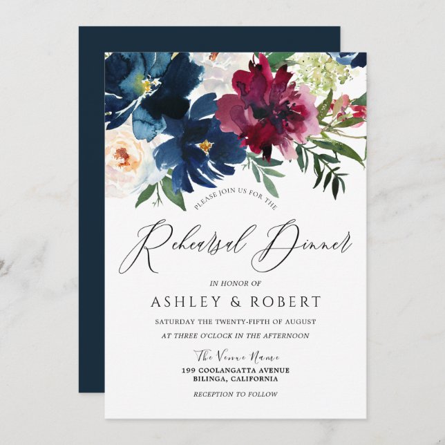 Tunga, burgundisk och  Blommigt - repetitionsmidda Inbjudningar (Fram/baksida)