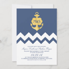 Tunga Chevron Gold Foil Anchor Nautical Bröllop Inbjudningar