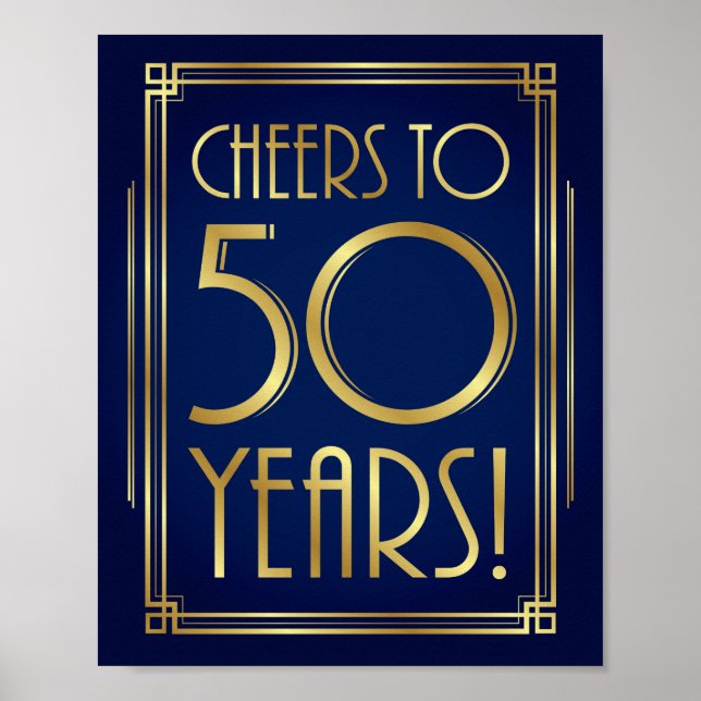 Tunga Guld Art Deco-CHEERS TILL 50 ÅRS Skriv ut Poster (Framsidan)