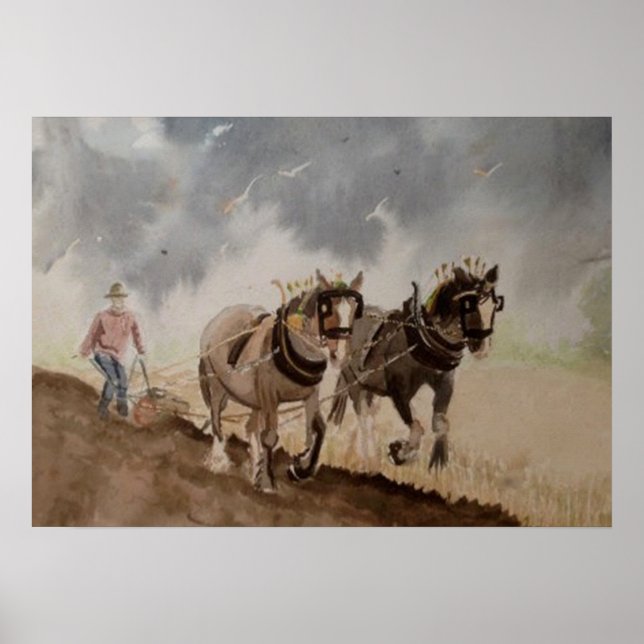 Tunga hästar plöjer under en tung himmel poster (Framsidan)