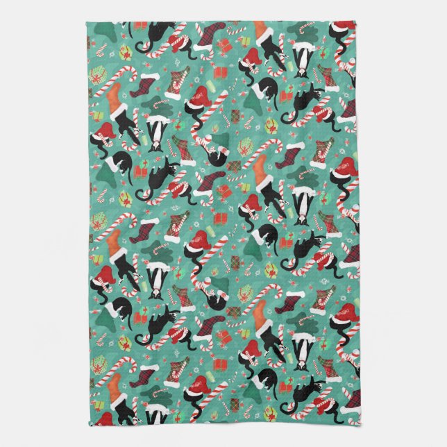 Tunga katter och julstrumpor kökshandduk (Vertikal)