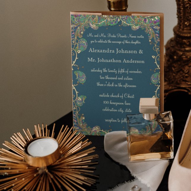 Tunga koppar och Grönt Paisley Peacock Bröllop Inbjudningar (Skapare uppladdad)
