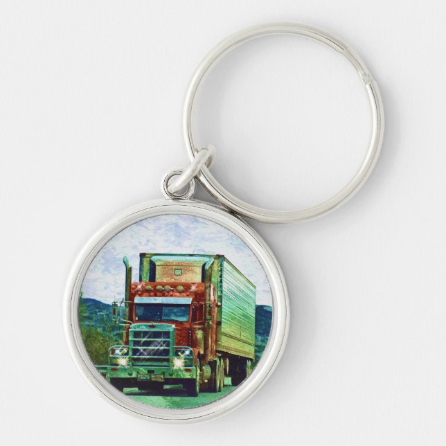 Tunga Lastbil Art för Lastbil-förare Rund Silverfärgad Nyckelring (Framsidan)