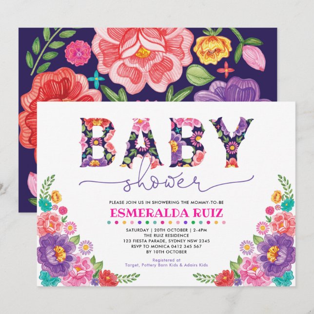 Tunga mexikanska Rosa Fiesta Flower Baby Shower Inbjudningar (Fram/baksida)