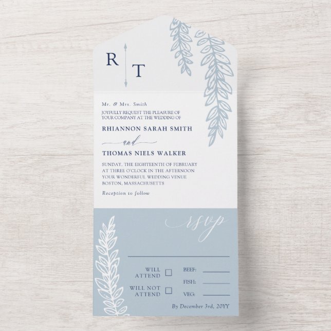 Tunga och Dove Blue Greenery Monogrammed Bröllop (Insida)