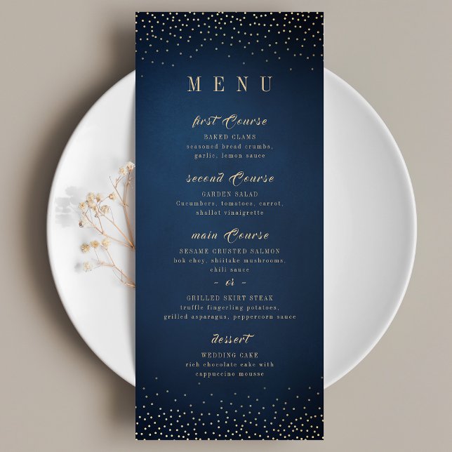 Tunga och Guld Glitter Sofistikerat monogram bröll Meny (Navy & Gold Glitter Sophisticated monogram wedding Menu)