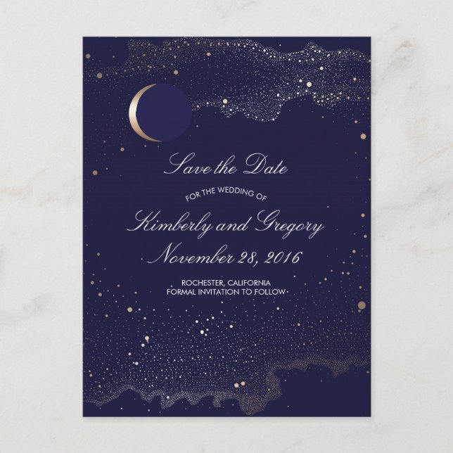 Tunga och Guld Starry Night Måne Spara datum Meddelande Vykort (Framsida)
