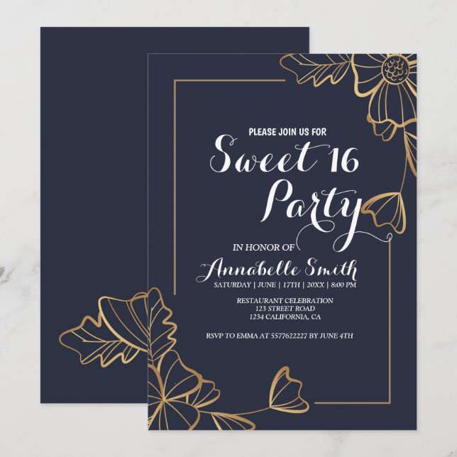 Tunga och gyllene blommigt söt 16 inbjudningar (Fram/baksida)