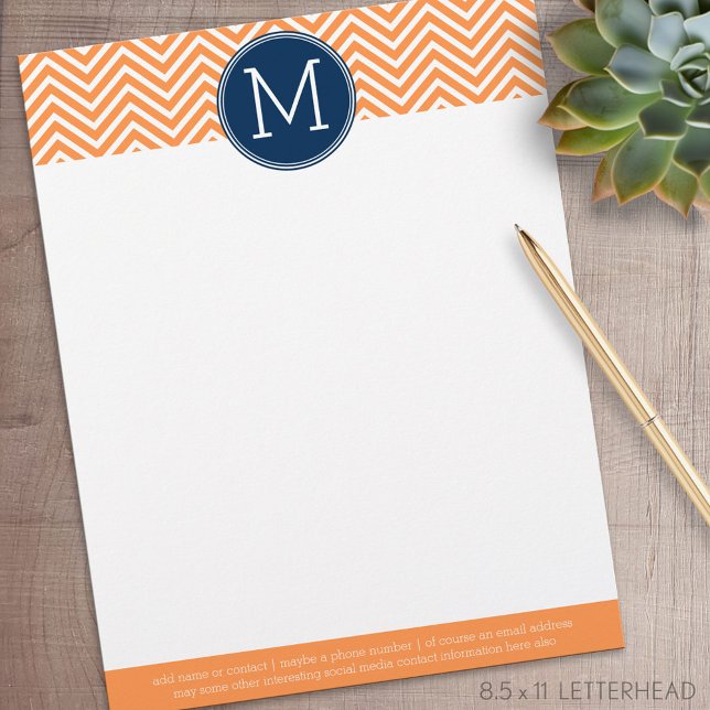 Tunga och Orange Chevrons med Anpassningsbar Monog Brevhuvud (Personalized Letterhead )