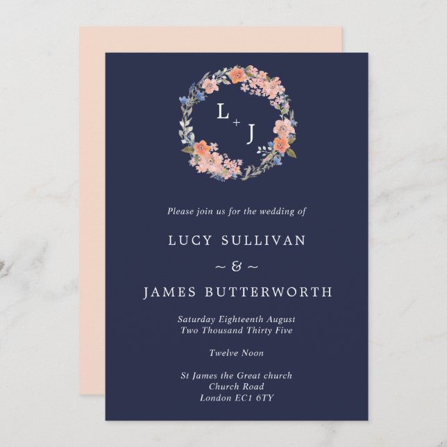 Tunga och persikofärgad monogram Blommigt Utandnin Inbjudningar (Fram/baksida)