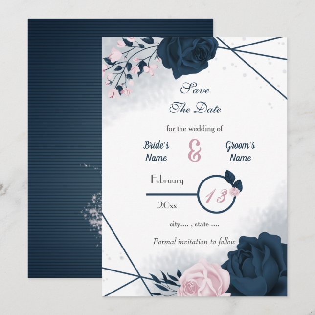 Tunga och rosa blommor romantiskt spara datumet (Fram/baksida)