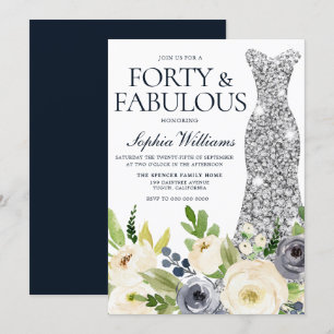 Tunga och vit Blommigt Silver, 40:e födelsedag Inbjudningar