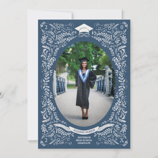 Tunga och vit Löv-belagd Studenten Inbjudningar (Framsida)