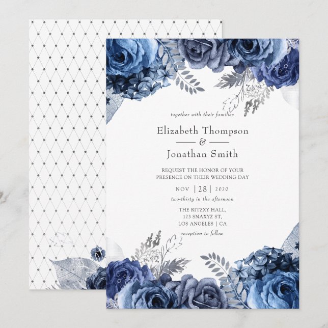 Tunga och vit med Silver Foil Blommigt Bröllop Inbjudningar (Fram/baksida)