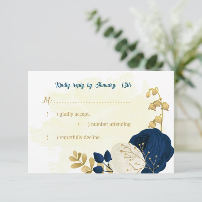 Tunga och vita blommor guld botaniska bröllop OSA kort (Stående Fram)