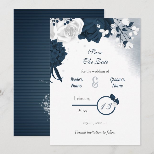 Tunga och vita blommor romantiskt spara datumet (Fram/baksida)
