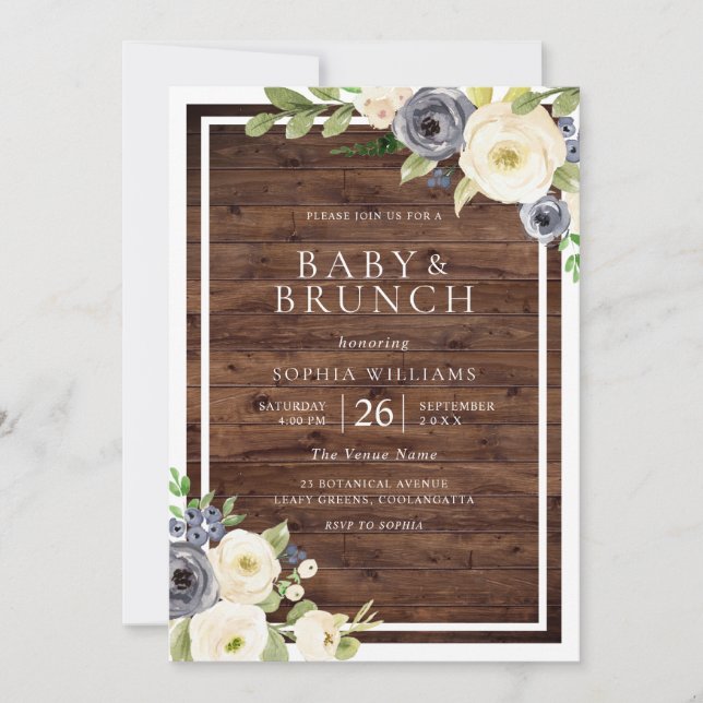 Tunga och vita blommor Rustic Baby Shower Brunch Inbjudningar (Framsida)