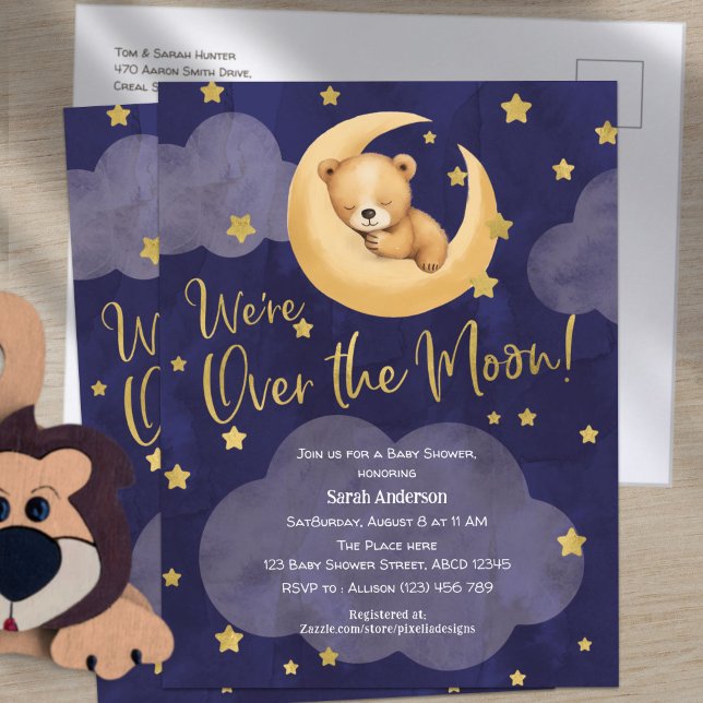 Tunga över Nallen Måne Lilla Tinkle Stars Inbjudan Vykort (Teddy Bear, Over The moon Themed, Baby Shower postcard invitation.)