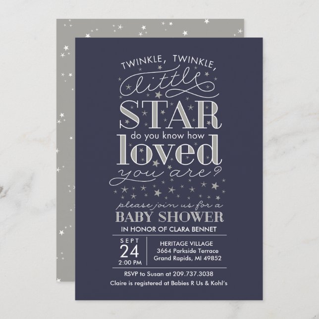 Tunga Tinkle Twinkle Star Theme Navy Silver Shower Inbjudningar (Fram/baksida)