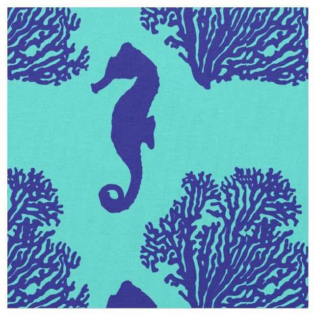 Tunga turkos Seahorse Coastal Mönster Tyg (Närbild)